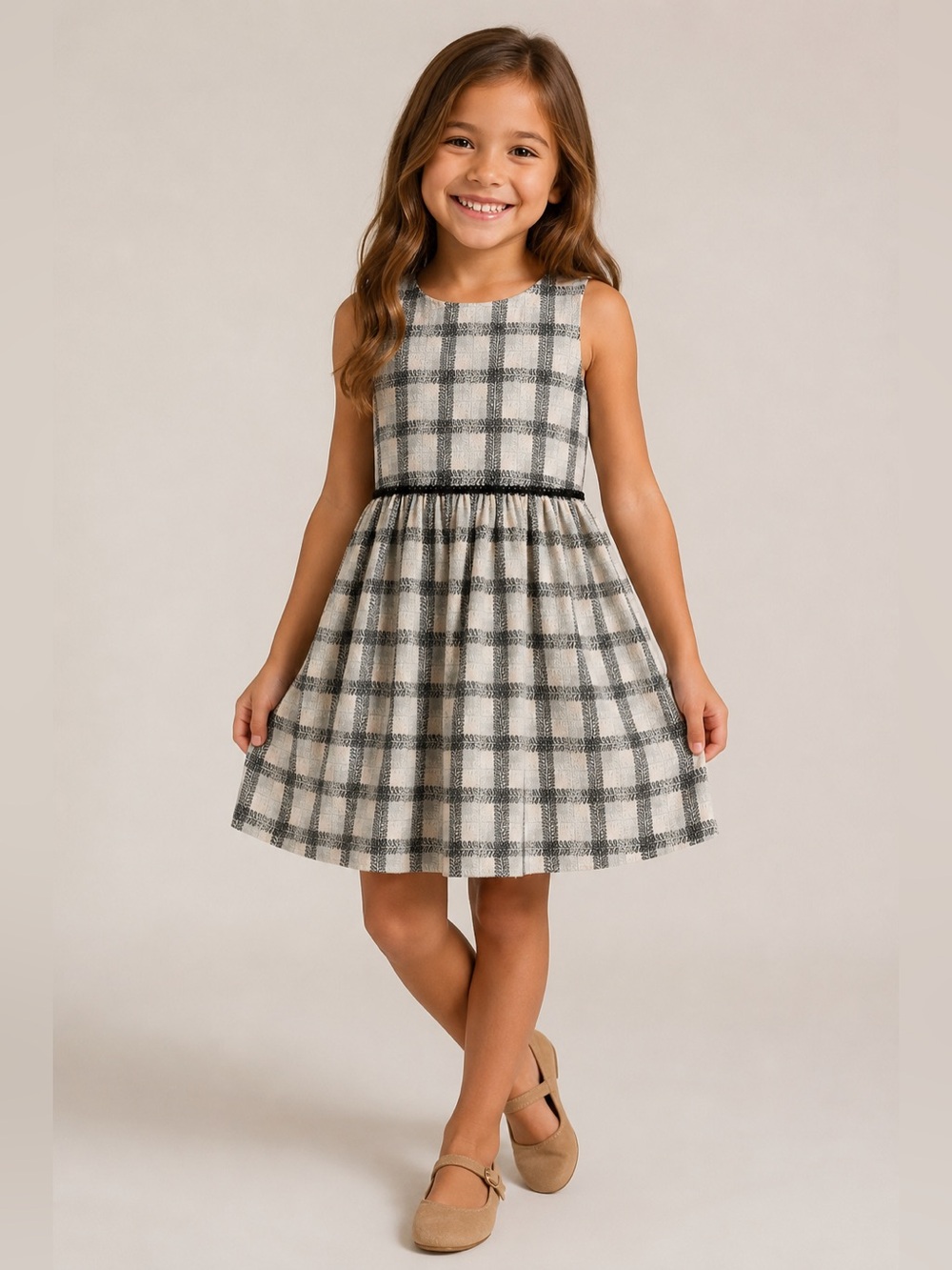 Pippa & Julie Cream and Black Plaid Sleeveless Dress